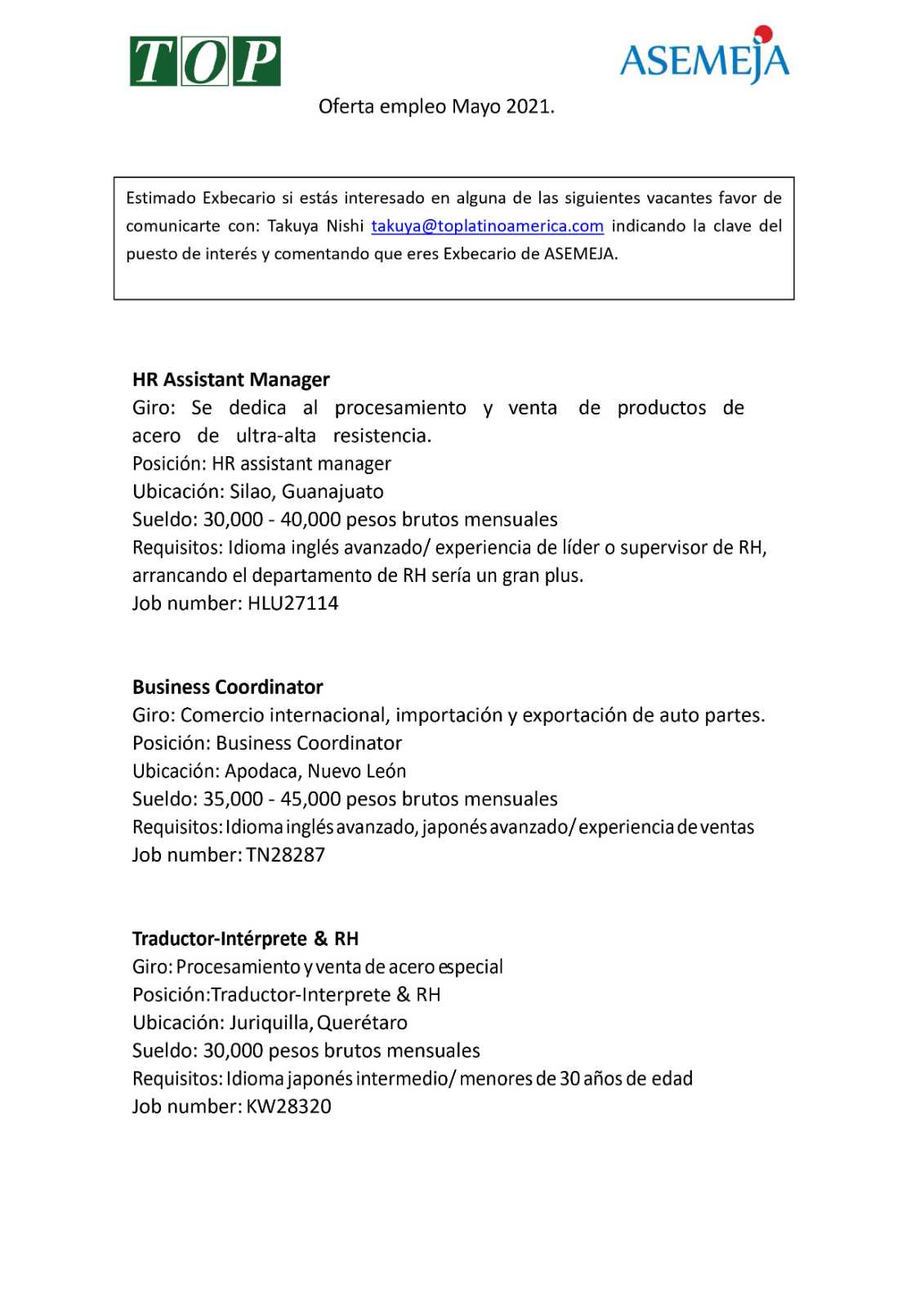 Oferta de Empleo Mayo 2021